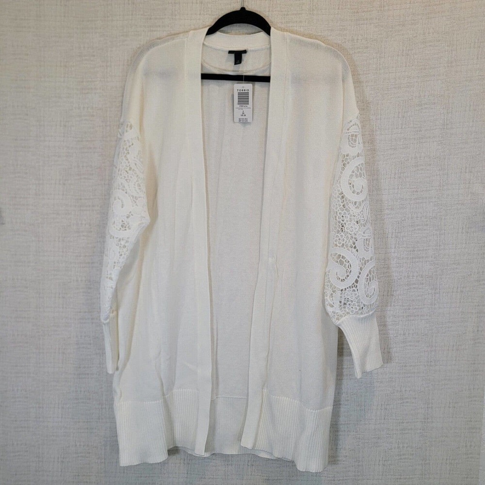 NEW Torrid Cardigan Sweater 2 2X White Eyelet Lace Open Balloon Sleeve Light